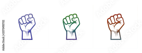 Set of three colorful raised fists symbol icons