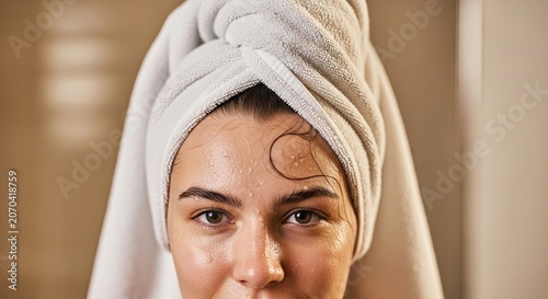 Young Woman with Towel on Head and Face Mask.