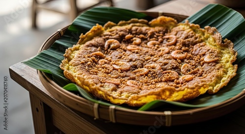 Authentic Thai Omelette Served on Banana Leaf.