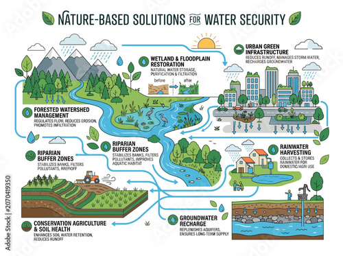 Illustration of nature based solutions for water security with forests wetlands cities and agriculture.