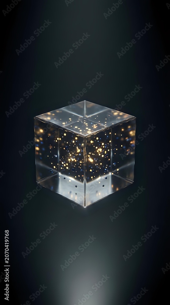 Fototapeta premium Transparent cube filled with glowing golden particles and light effects suspended in dark liquid, isolated on black background for design and creative projects.