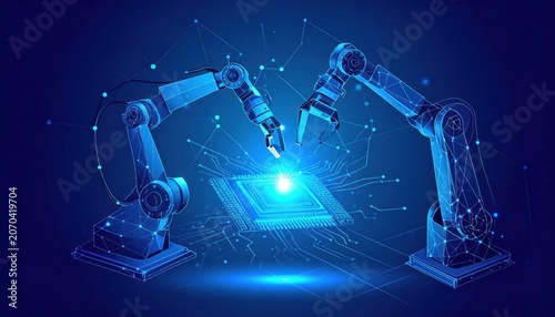 Futuristic blue robotic arms with glowing details manipulate a radiant microchip on an abstract digital network background symbolizing AI and automation.