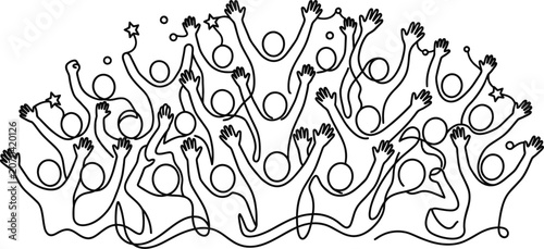 Valokuva Continuous line art illustration of a diverse crowd of people cheering with hands raised