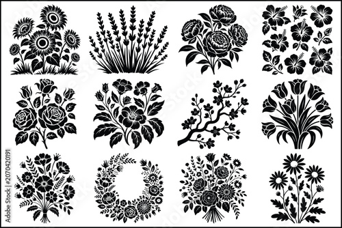 Black floral icons, vector flowers, botanical illustrations, decorative set