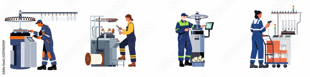 Fototapeta premium Illustrations of industrial workers operating automated knitting machinery in a textile factory for the production of high-quality safety work gloves.