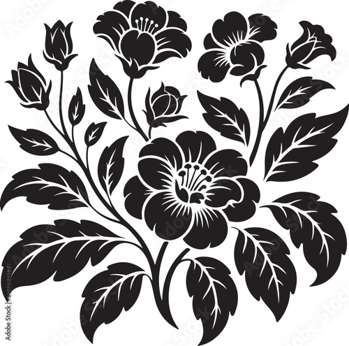 Black floral bouquet, flower arrangement, botanical vector, silhouette