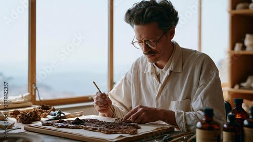 Soil conservator seated at a purpose-built workstation in a Roman antiquities lab uses a bamboo skewer to remove calcareous crust from a terracotta medallion excavated from a