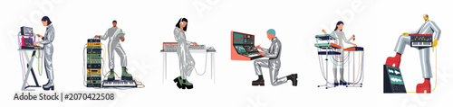 Quadro su tela Futuristic electronic music producers in silver jumpsuits operating advanced synthesizers, modular gear, and sound equipment in a flat vector style