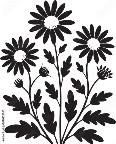 Black floral icons, daisy silhouettes, flower graphics, vector illustrations