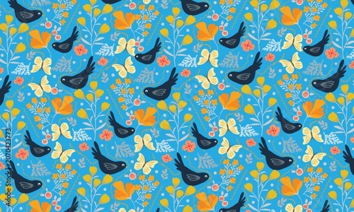 seamless pattern with colorful flower and bird blue background 