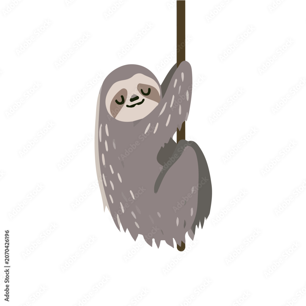 Fototapeta premium Flat 2D vector illustration of Sloth, simple icon style on a clean white background.
