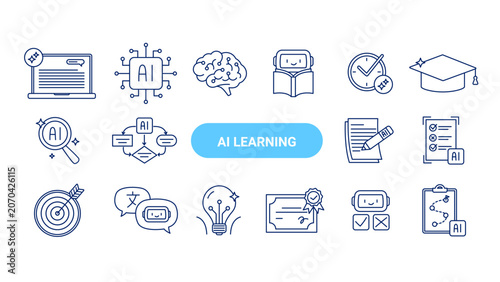 AI education and learning icons set. AI assistant, chatbot, writing tools, learning workflow, assessment, translation, and smart productivity concepts. Vector flat illustrations on a white background.