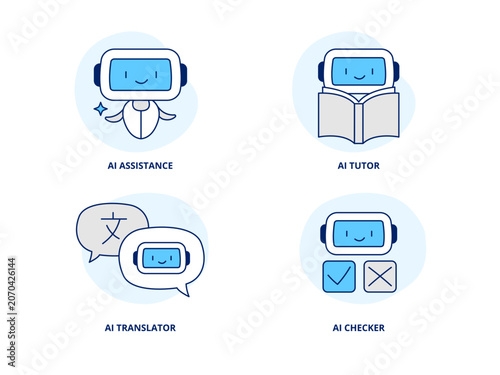 AI assistant icon set. Virtual assistant, AI tutor, translator, and checker tools. Smart education, language learning, and productivity concept. Vector flat illustrations on a white background.