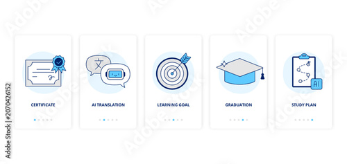 Modern vector icons for learning, productivity, and digital workflows. Certification, translation, and smart planning with AI assistance. Vector flat illustration for web banners, landing page, or ad.
