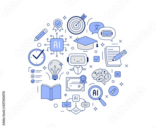 AI learning concept. AI assistant, chatbot, writing tools, learning workflow, assessment, translation, and smart productivity concepts. Vector flat illustrations on a white background.