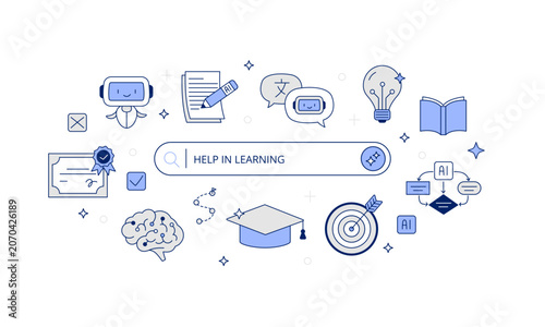 AI education and productivity concept. AI assistant, chatbot, writing tools, learning workflow, assessment, translation, and smart education process. Vector flat illustration on a white background.
