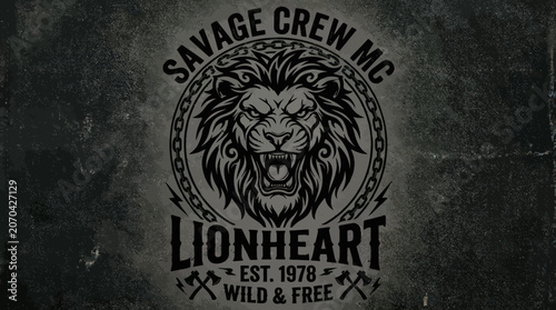 A fierce lion's head logo with Savage Crew MC and Lionheart text on a dark background with wild and free theme and chain border