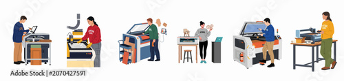 Foto Diverse students and professionals operating industrial laser cutting and engraving CNC machines for precise woodworking and manufacturing in a modern workshop or laboratory