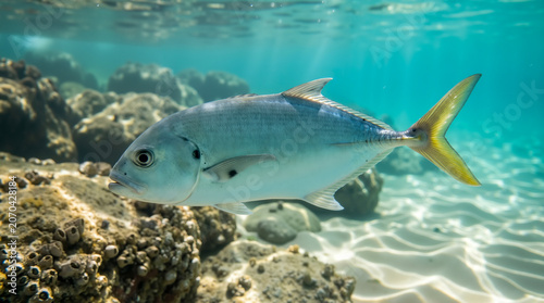 A fish swimming in the ocean near a coral reef