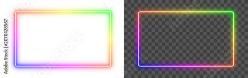 Rainbow color gradient neon glow rectangular frame isolated on PNG transparent background. Futuristic light glowing shining outline border for banners, modern designs, video. Vector illustration.