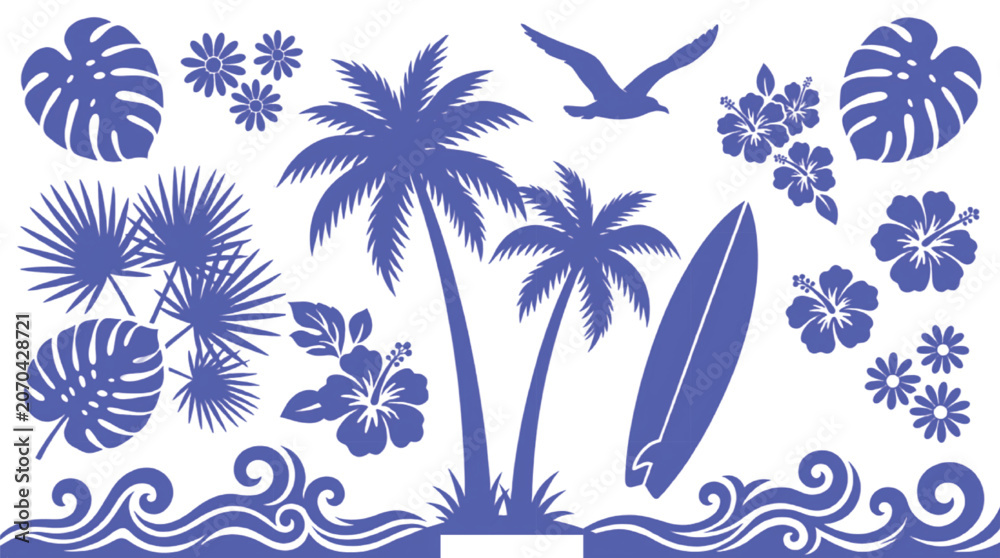 Obraz premium Tropical summer beach silhouettes vector set, blue palm trees and surfboard icons, hibiscus flowers and monstera leaves collection for vacation design