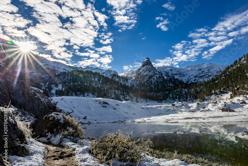 Sunrise above Lake Funtensee during Snowy Winter in the European Alps, Germany, Europe
