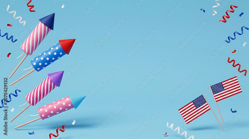 Obraz premium Fourth of July celebration background with american flags and colorful fireworks rockets on blue