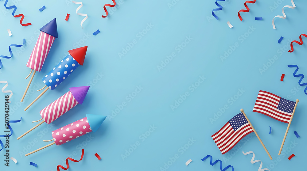 Obraz premium Fourth of July celebration background with american flag and colorful party poppers confetti