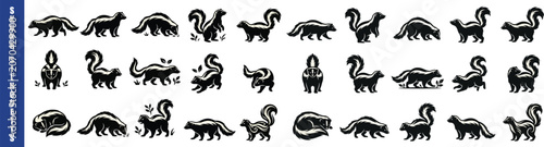 Tableau sur toile Skunk Silhouettes In Various Poses Black And White Vector Illustration