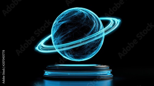 Holographic digital planet floating over technical podium with glowing cyan light for sci-fi and technology marketing