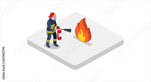 Cuadro en lienzo Firefighter bravely extinguishing a dangerous fire with a red extinguisher