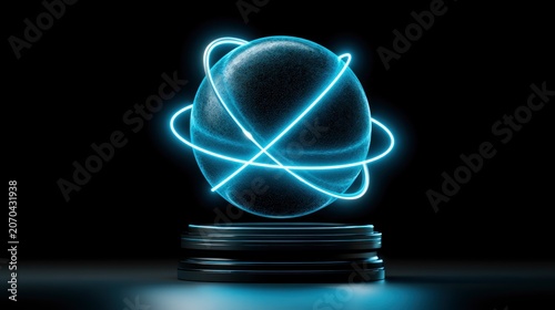 Neon orbital sphere levitating over dark platform in minimalist studio for global network and innovation marketing