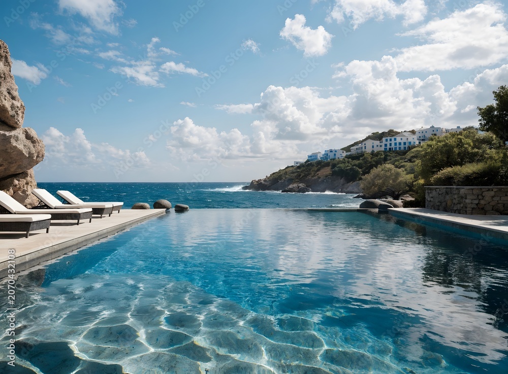 Obraz premium Infinity pool overlooking ocean with rocky coastline under blue sky