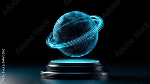 Blue orbital globe hologram suspended above circular technological base in dark cinematic environment for aerospace and global network marketing