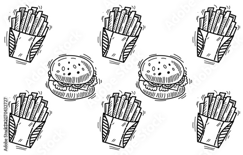 Hand-drawn sketch of delicious hamburgers and crispy french fries a classic fast food combination.