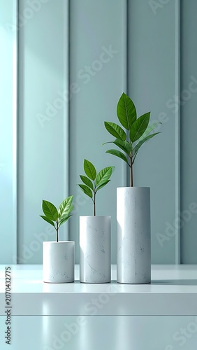 Three white planters with green plants.