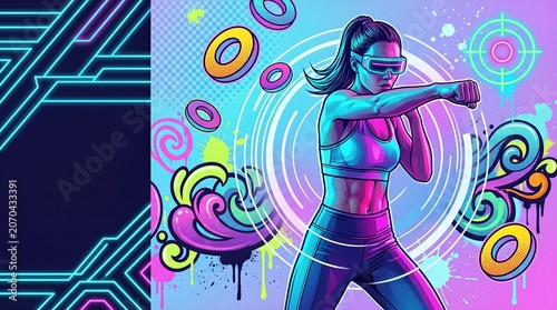Active Female in Virtual Reality Boxing Workout with Neon Targets and Left Copy Space