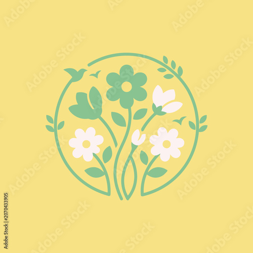 Elegant floral circle emblem with green and white blossoms