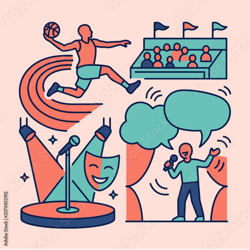 Colorful vector illustration of sports and entertainment events