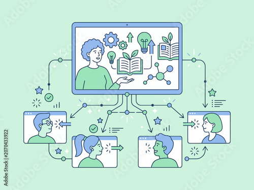 Online education concept with teacher and students in windows