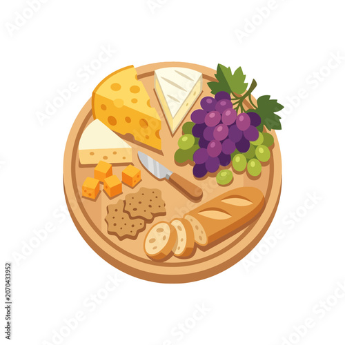 A cheese board with grapes, crackers and bread slices