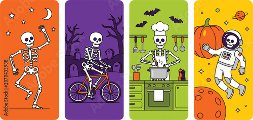 Halloween Funny Skeleton Characters Set Dancing Cycling Cooking Astronaut Vector Illustration