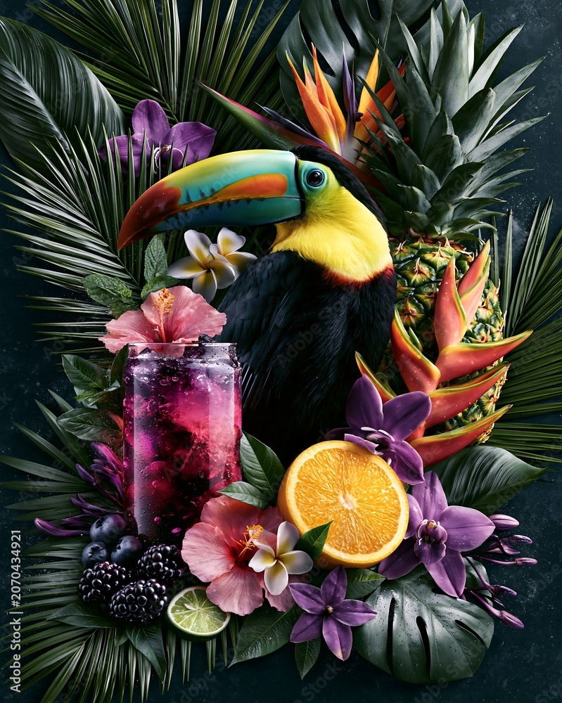 Obraz premium Vibrant Toco Toucan Amidst Lush Tropical Flora and Refreshing Cocktail