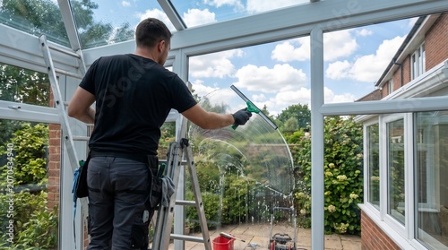 Professional window cleaner cleaning glass conservatory panels