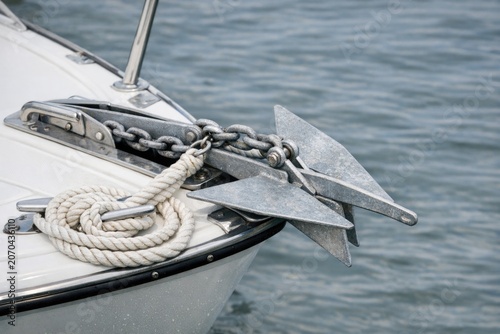 A boat secured to a rope in a scenic environment