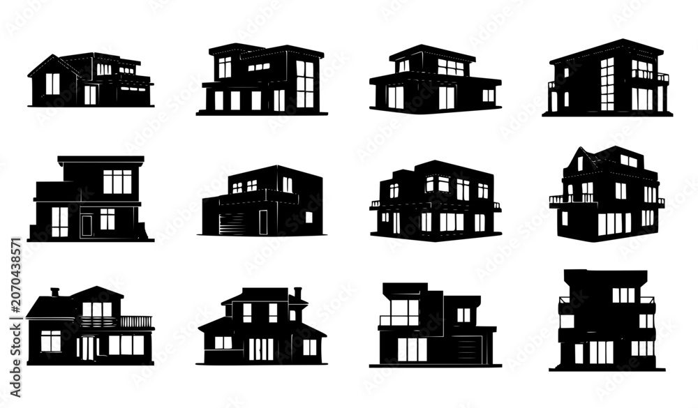Obraz premium Modern Residential House Silhouette Icon Set Featuring Contemporary Real Estate Architectures, Luxury Villas, and Minimalist Home Exterior Designs for Property Websites