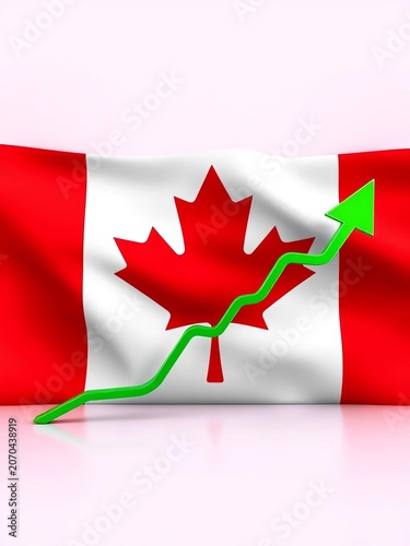 Upward trending chart with green arrows and Canadian flag background, rise, finance