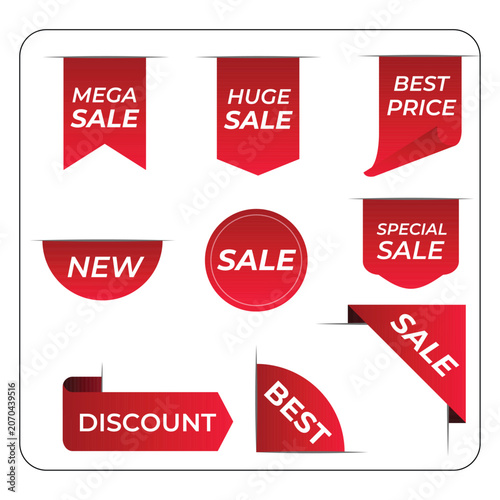 Vector set of red and yellow sale tags, discount labels, and promotional badges