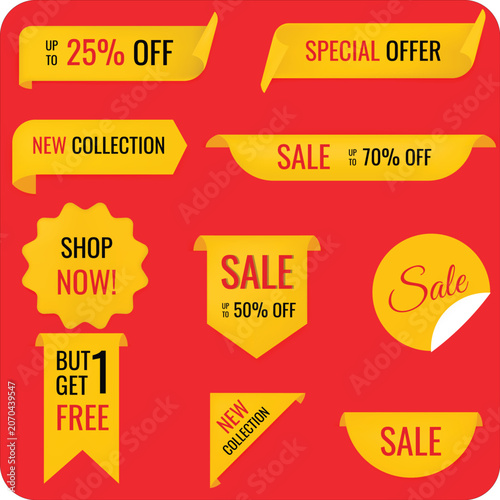 Vector set of red and yellow sale tags, discount labels, and promotional badges