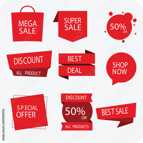 Vector set of red and yellow sale tags, discount labels, and promotional badges